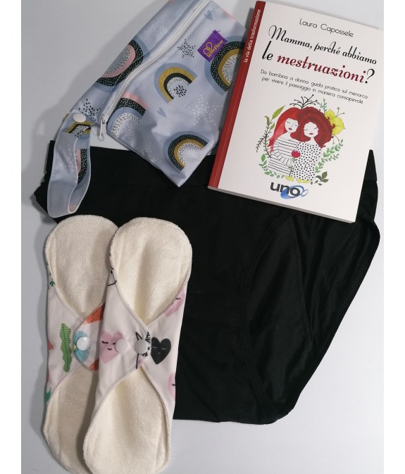 Kit per le prime mestruazioni con slip protettivo, assorbenti lavabili e libro 'mamma perchè abbiamo le mestruazioni'