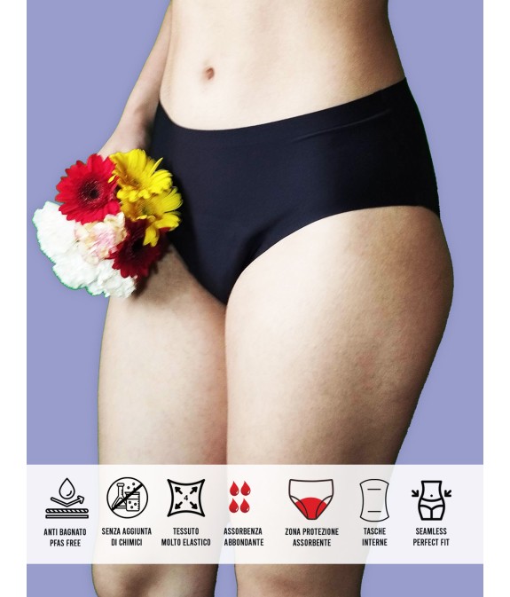 Flora, slip da ciclo per flusso abbondante. senza cuciture invisibile sotto i tuoi abiti. Taglia unica S . XL